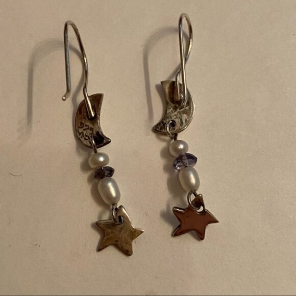 EARRINGS Sterling Silver 925 wires moon star drop crystal pierced celestial - Picture 7 of 7